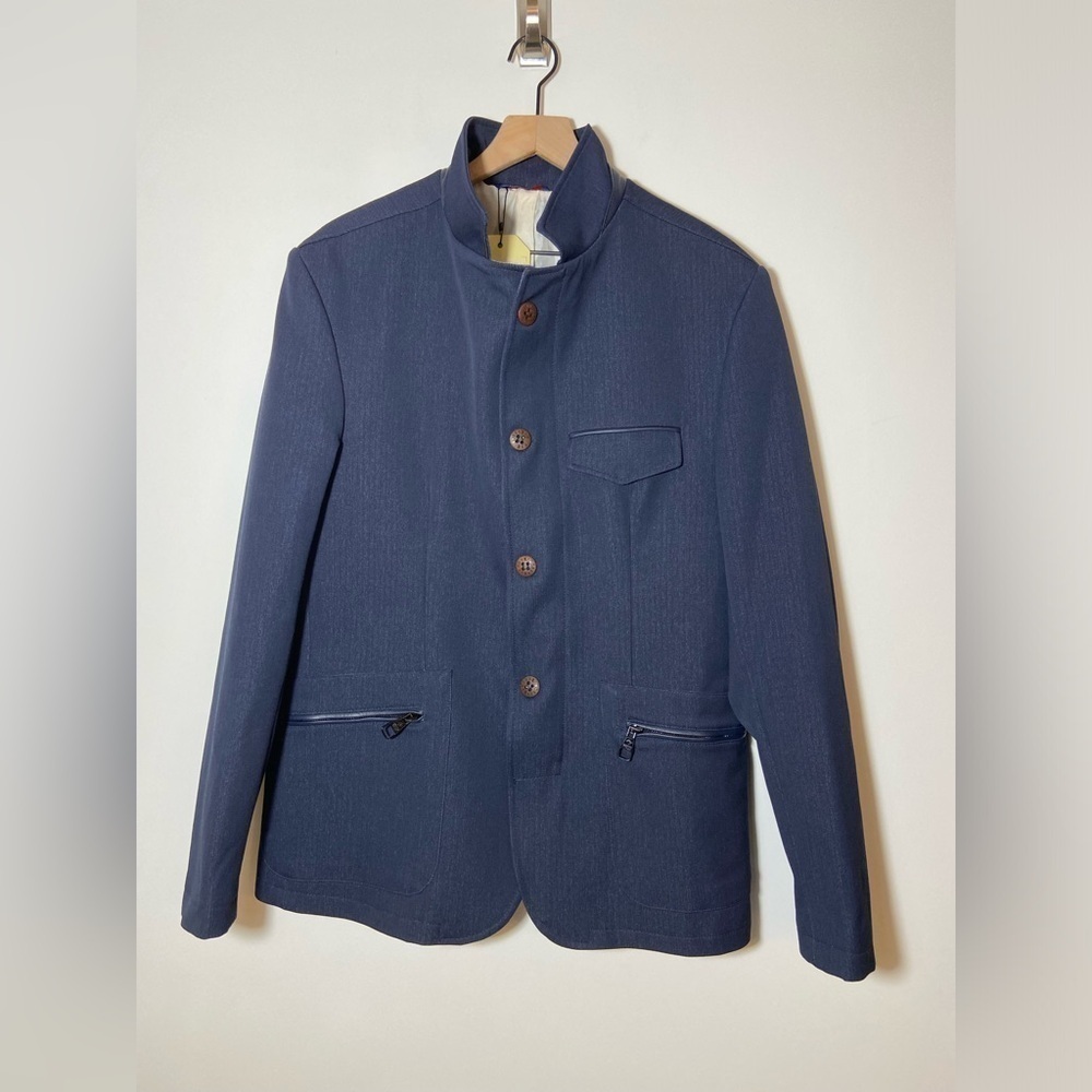 RNT23 Blazer Jacket Mens Size 46 Denim Leather Trim Full Zip Sport Coat NWT $259